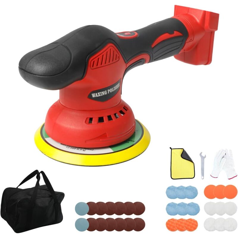 Akku-Poliermaschine, kompatibel mit Milwaukee 18V-Akku, 8 variable Geschwindigkeiten, 6-Zoll-Exzenterpolierer, Autowachs-Set (rot)