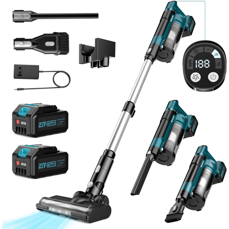 Akku Staubsauger 700W 60kPa Staubsauger Kabellos 3 Saugstufen 70 Minuten Laufzeit Mit LED-Touchscreen und Anti-Verwicklungs-Bodendüse Inklusive 2