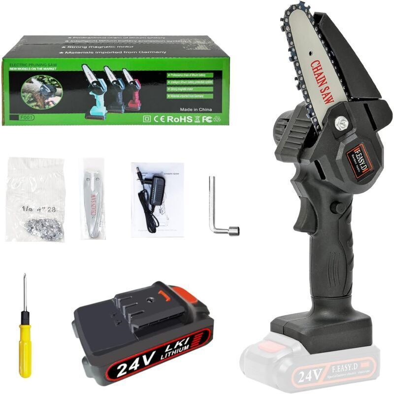 Akkubetriebene Kettensäge, 4 Zoll kabellose elektrische Kettensäge, 0,7 kg (Schwarz)
