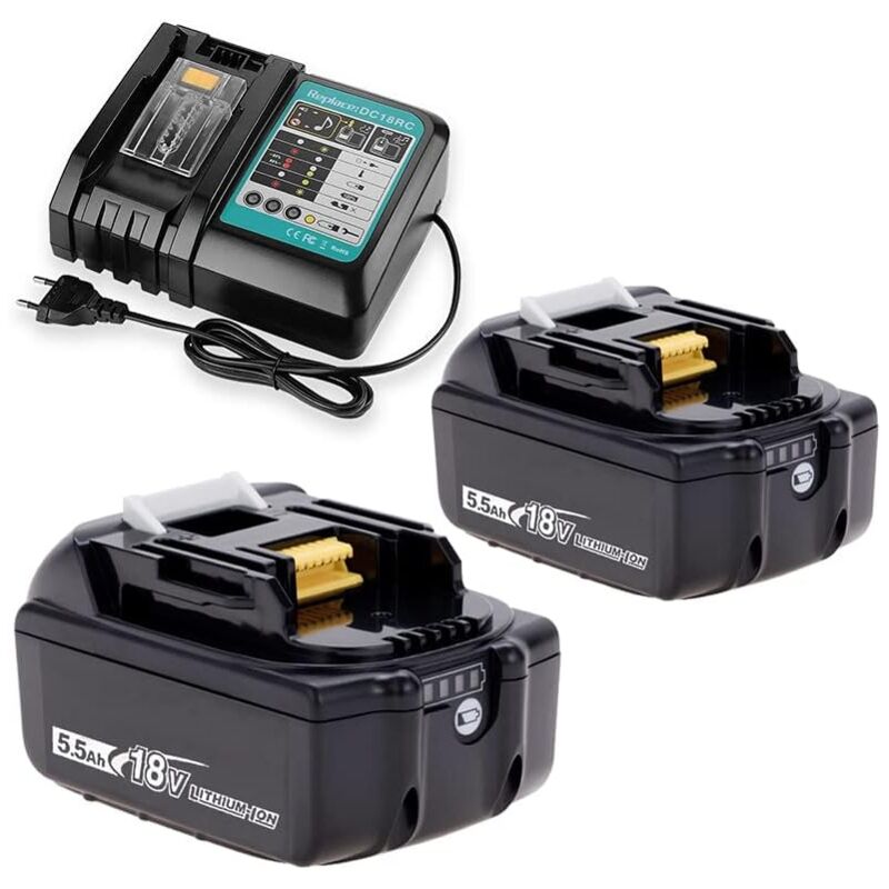 Akkus für Elektrowerkzeug Teetok 5,5Ah Akku Kompatibel mit Makita-Akku 18v BL1850 BL1840 BL1860 lxt DC18RC Akkuladegerät mit 2x 5,5Ah Akku + 1x