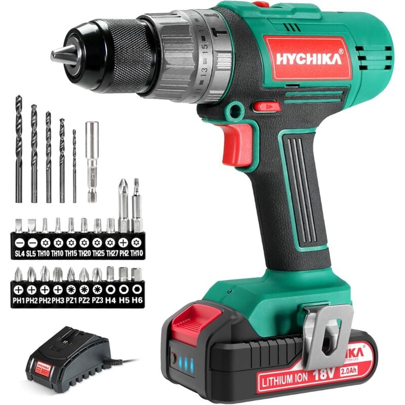 Akkuschrauber 18V, 45 N.m Max Akkuschrauber & Bohrschrauber, mit 2.0Ah Akku & 27tlg. Zubehörset, 21+3 Stufen, 2 Geschwindigkeitsstufen zum Bohren,