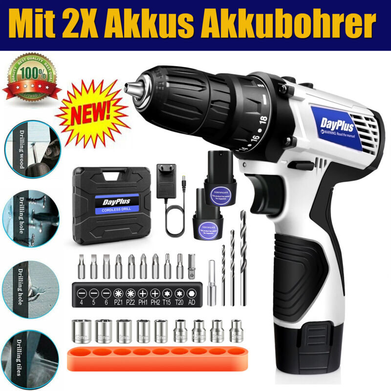 Dayplus - Akkuschrauber Akku-Bohrschrauber led Bohrmaschine Koffer Tool mit 2x Akkus Set