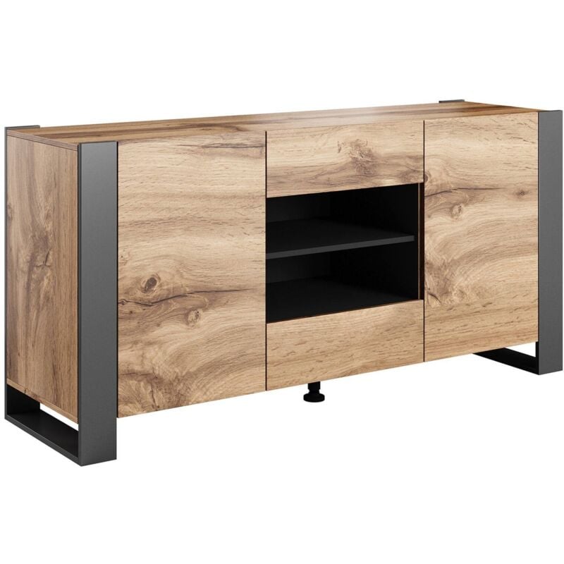 Albignola Sideboard, Wohnzimmer-Sideboard mit zwei Flügeltüren, zwei Schubladen und Innenfächern, vom Boden abgehoben, 164 x 44 x 80 cm, Asteiche und