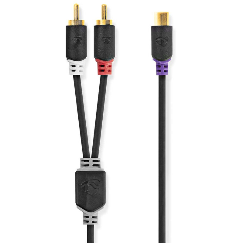 Stereo audiokabel 2x rca hane rca hona guldplaterad 020 m rund anthrazit lada