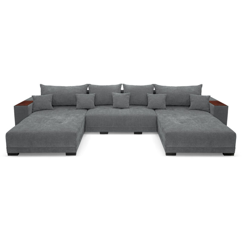 Allen u Ecksofa 360 x 185 cm, Sofa mit Schlaffunktion, Holzablage und Kissen, Ecksofa mit Bettkasten, U-Form für Wohnzimmer in Grau