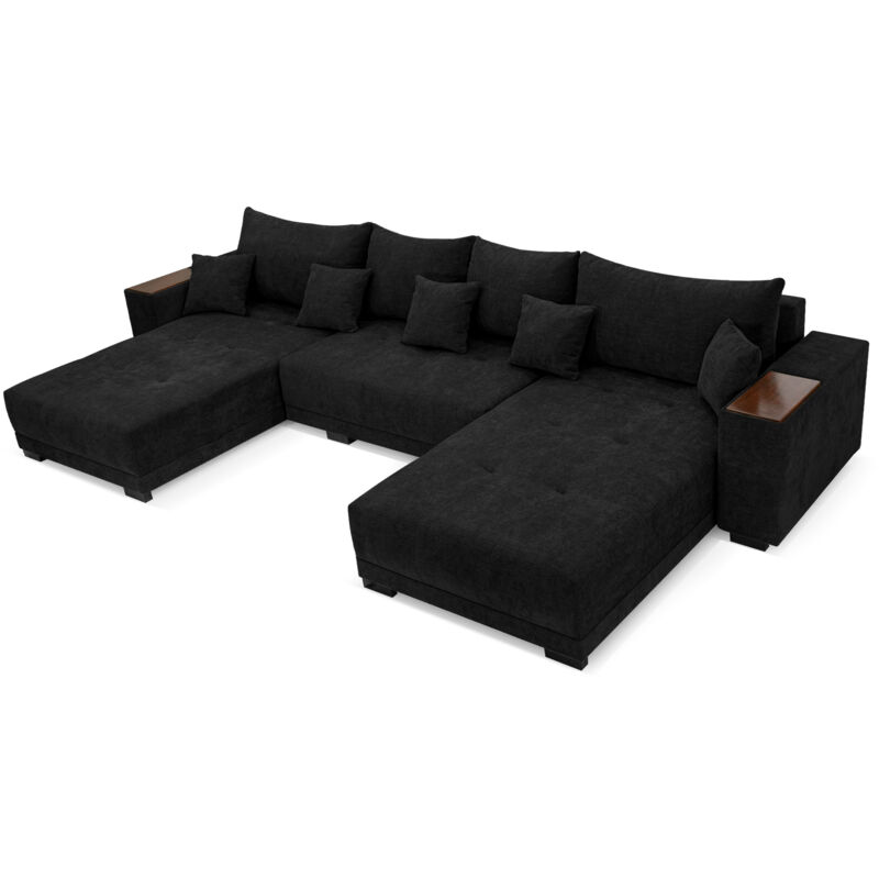 Allen u Ecksofa 360 x 185 cm, Sofa mit Schlaffunktion, Holzablage und Kissen, Ecksofa mit Bettkasten, U-Form für Wohnzimmer in Schwarz