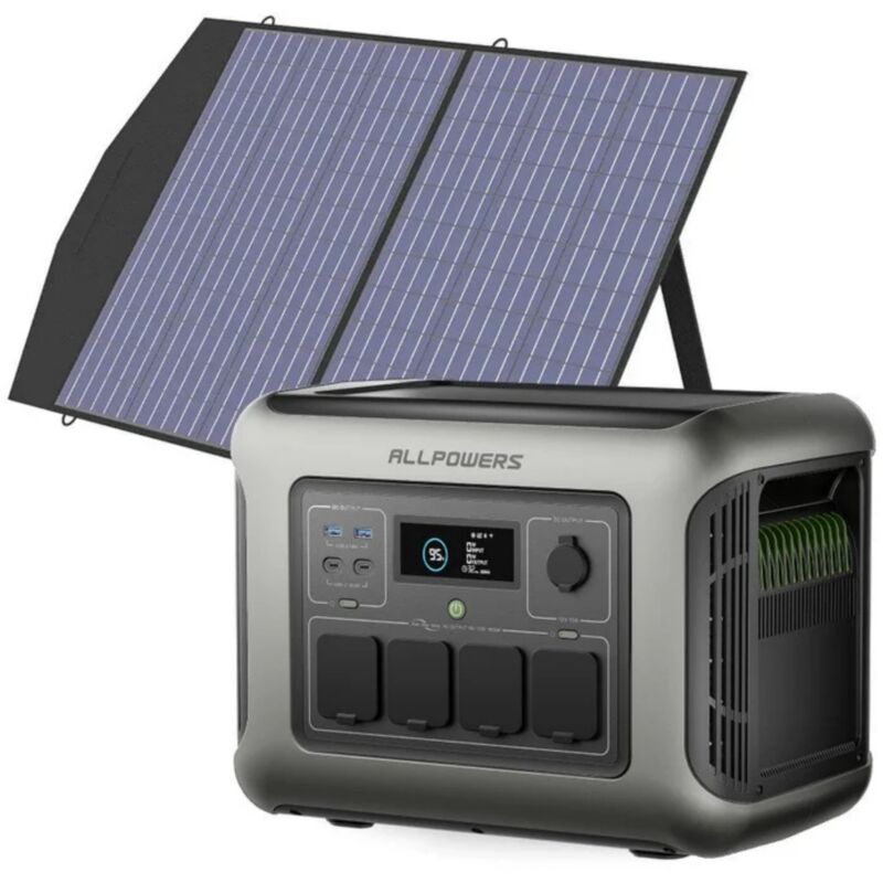 R1500 lite Tragbare Powerstation mit 100W Solarpanel, 1056Wh lfp Batterie Backup mit 4 x 1600W ac Ausgäng, Schnellladung von 0-80% in 40 Mins Solar