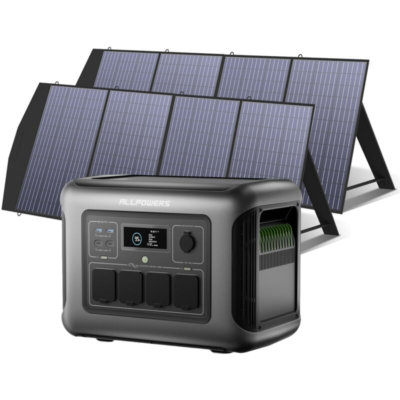 R1500 lite Tragbare Powerstation mit 2 x 200W Solarpanel, 1056Wh lfp Batterie mit 4 x 1600W ac Ausgang (3200W Spitze) Solargenerator,