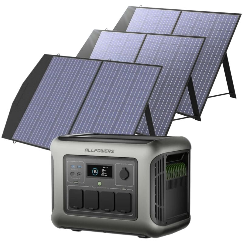 R1500 lite Tragbare Powerstation mit 3 x 100W Solarpanel, 1056Wh lfp Batterie Backup mit 4x1600W ac Ausgäng, Schnellladung von 0-80% in 40 Mins Solar