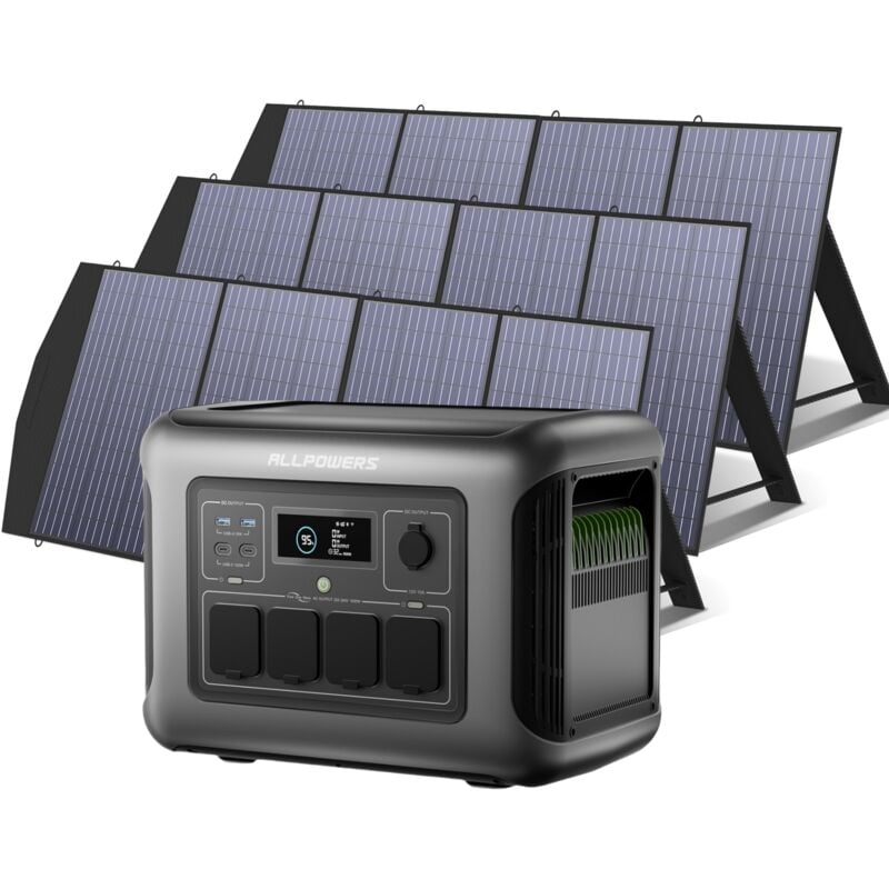 ALLPOWERS R1500 LITE Tragbare Powerstation mit 3 x 200W Solarpanel, 1056Wh LFP Batterie mit 4 x 1600W AC Ausgang (3200W Spitze) Solargenerator,