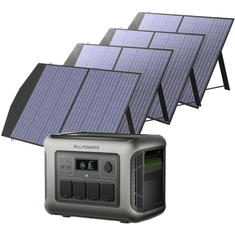 R1500 lite Tragbare Powerstation mit 4 x 100W Solarpanel, 1056Wh lfp Batterie Backup mit 4x1600W ac Ausgäng, Schnellladung von 0-80% in 40 Mins Solar