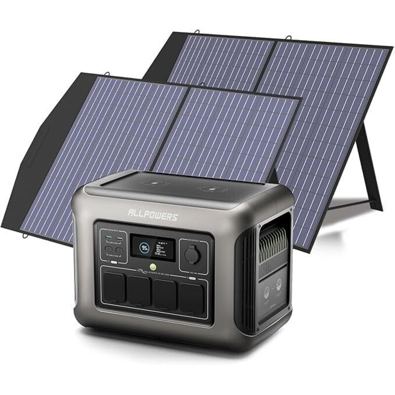 Solargenerator R1500, 1152Wh Powerstation mit 2 pcs 100W Solarpanel, AC-Schnellladung 0-80% in 40 Minuten, 4x 1800W AC-Ausgänge, 2x 100W pd, ideal