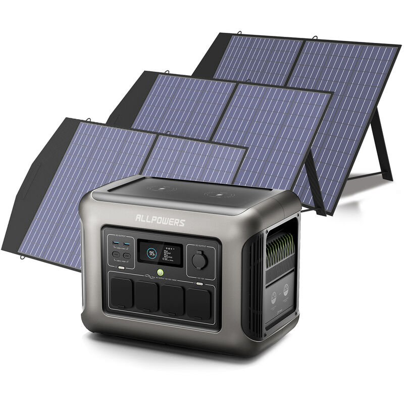 R1500 Tragbare Powerstation mit 3 x 100W Solarpanel, 1152Wh LiFePO4 Batterie mit 4x1800W ac Ausgang (3000W Spitze) Solargenerator, Mobile
