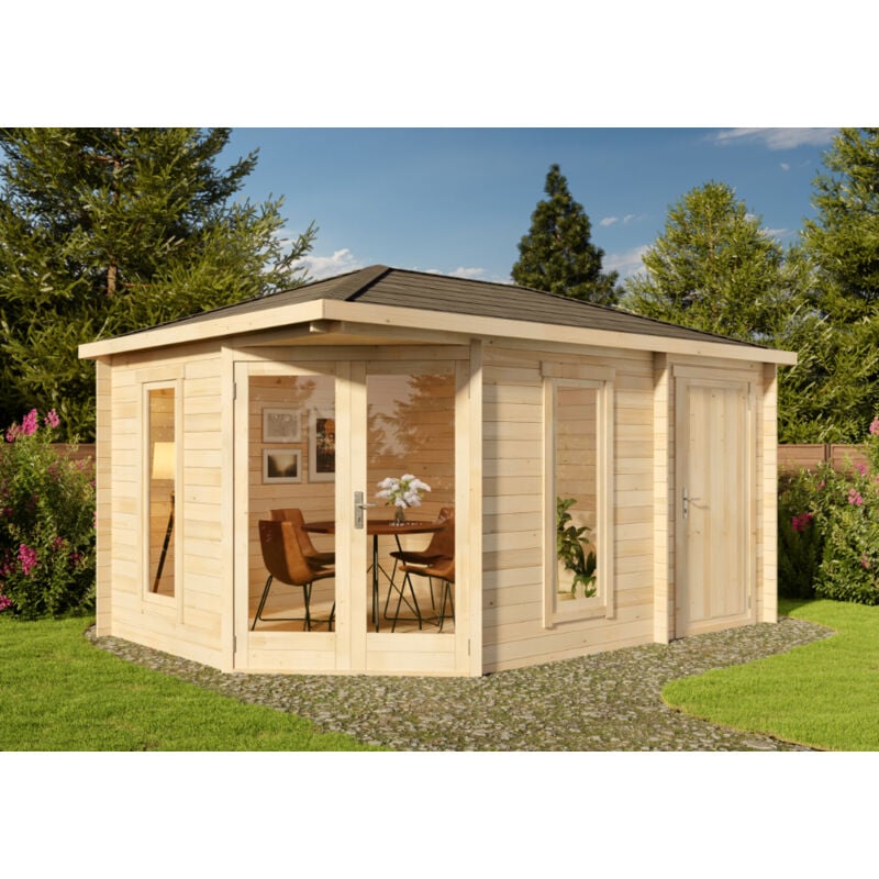 5-Eck Gartenhaus Liwa Compact mit Anbau Gartenhaus aus Holz, Holzhaus mit 28 mm Wandstärke, Blockbohlenhaus mit Montagematerial - Alpholz