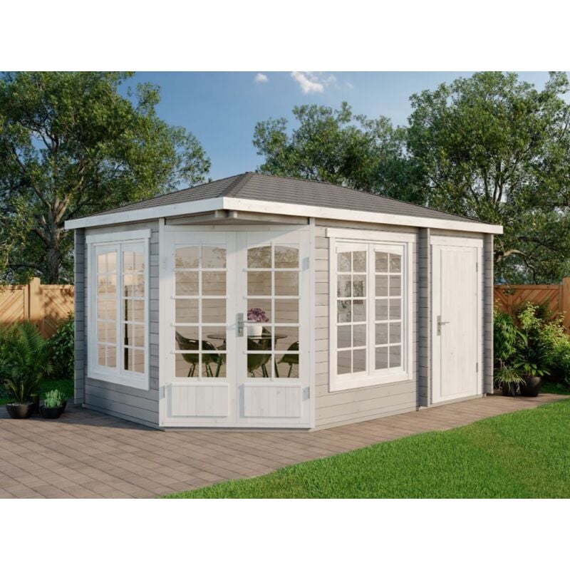 5-Eck Gartenhaus Modell Josephine-40 mit Anbau Gartenhaus aus Holz, Holzhaus mit 40 mm Wandstärke, Blockbohlenhaus mit Montagematerial - Alpholz