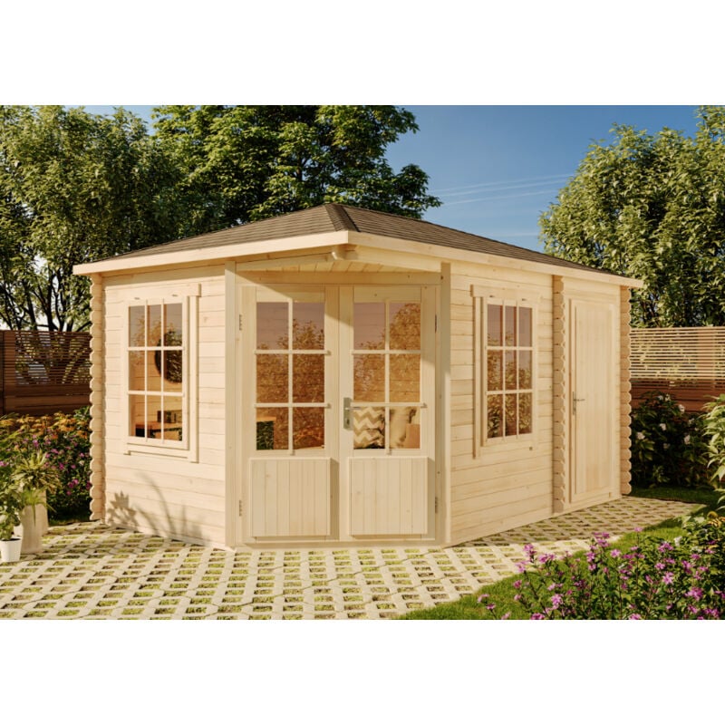 Alpholz 5-Eck Gartenhaus Modell Rhein ISO Gartenhaus aus Holz, Holzhaus mit 28 mm Wandstärke, Blockbohlenhaus mit Montagematerial