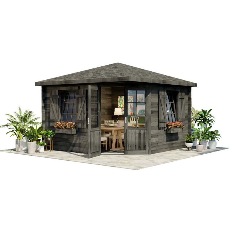 5-Eck Gartenhaus Monica Royal Gartenhaus aus Holz in Grau, Holzhaus mit 28 mm Wandstärke, Blockbohlenhaus mit Montagematerial - Alpholz