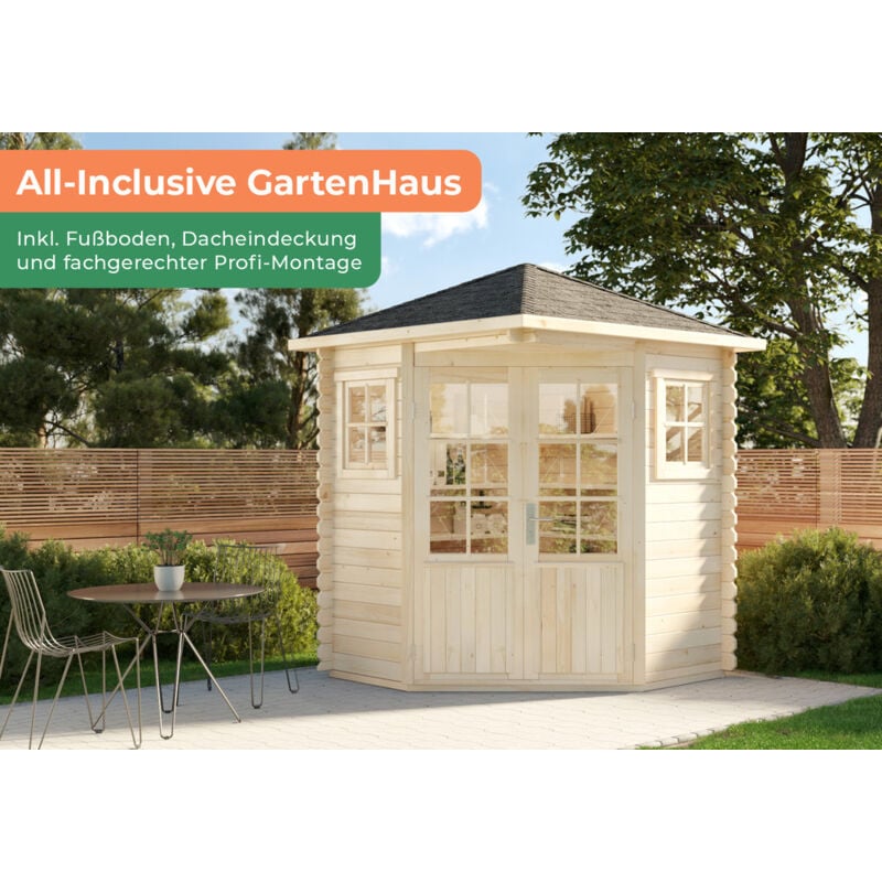 Premium Set 5-Eck Gartenhaus Sunny 2x2m inkl. Montage Gerätehaus aus Holz, Geräteschrank mit 28 mm Wandstärke, Gartenhaus mit Montagematerial
