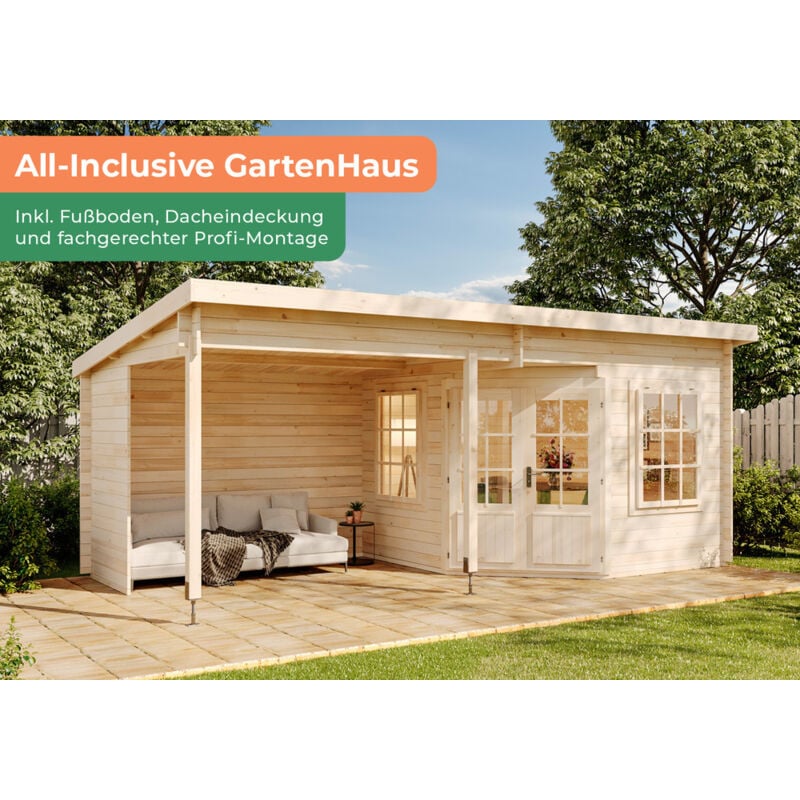 Premium Set 5-Eck Gartenhaus Carl 6x3m inkl. Montage Gartenhaus aus Holz, Holzhaus mit 28 mm Wandstärke inklusive Terrasse, Blockbohlenhaus mit