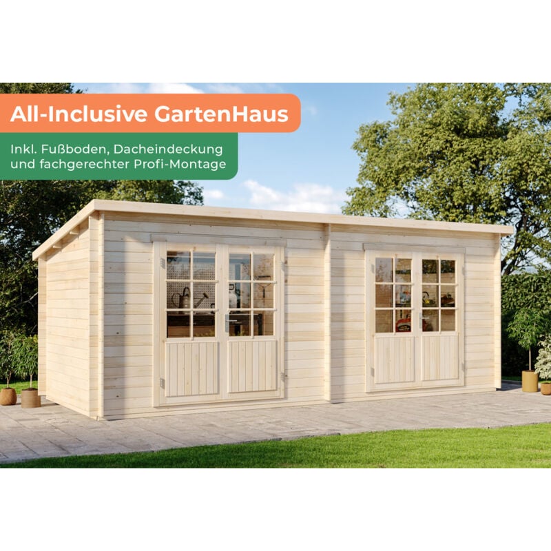 Premium Set Gartenhaus Maria Twin 2-Raum inkl. Montage Gartenhaus aus Holz, Holzhaus mit 40 mm Wandstärke, Blockbohlenhaus mit Montagematerial