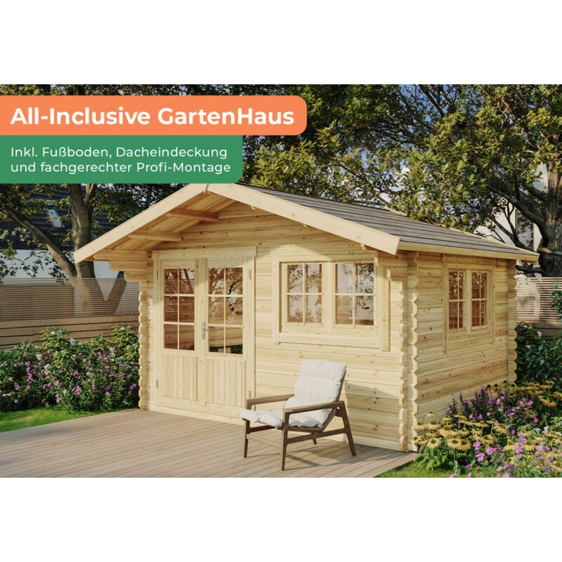 Premium Set Gartenhaus Gabriel 400 x 300 cm inkl. Montage Gartenhaus aus Holz, Holzhaus mit 34 mm Wandstärke, Blockbohlenhaus mit Montagematerial
