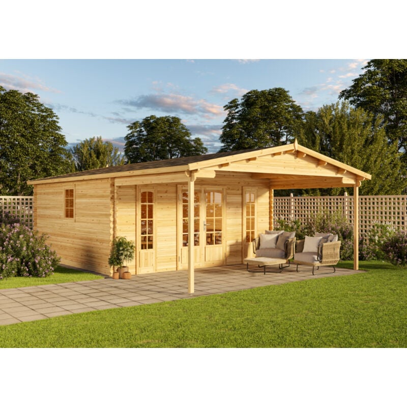Alpholz Gartenhaus Nyborg-44 ISO Gartenhaus aus Holz, Holzhaus mit 44 mm Wandstärke inklusive Terrasse, Blockbohlenhaus mit Montagematerial