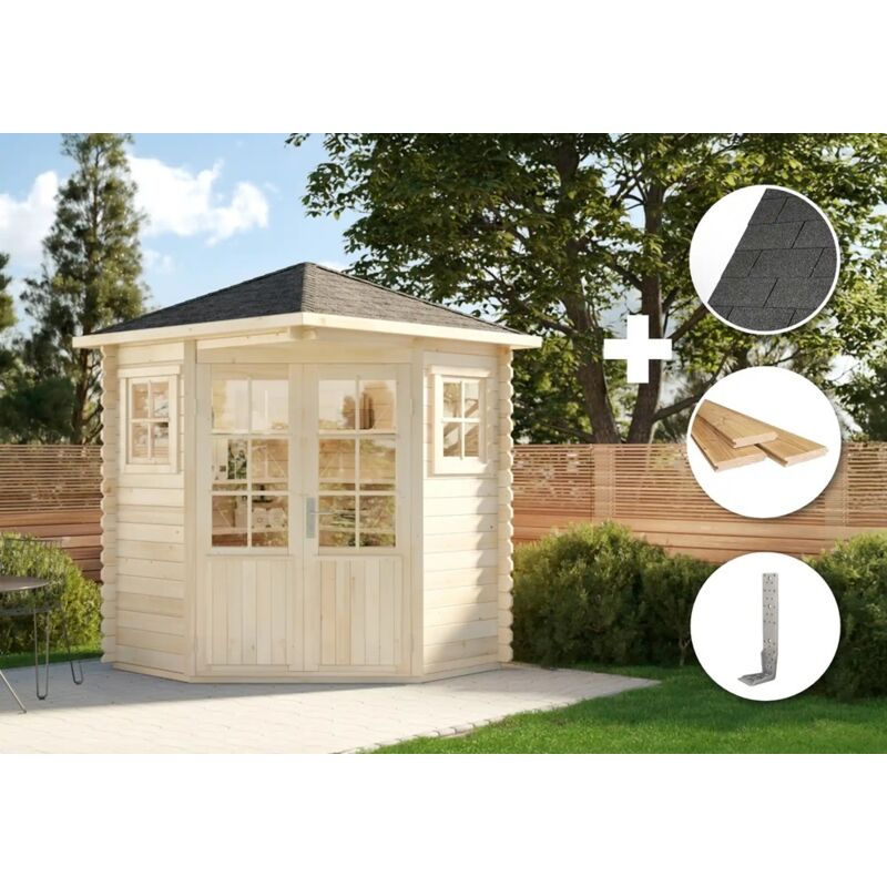 Eco Set - Gartenhaus 5-Eck Modell Sunny-A -imprägniert Gartenhaus aus Holz in Braun, Holzhaus mit 28 mm Wandstärke Blockbohlenhaus - Alpholz