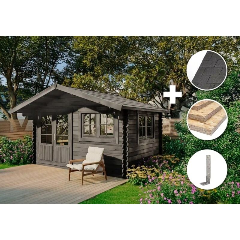 Eco Set - Gartenhaus Gabriel-34 400 x 300 cm -grau Gartenhaus aus Holz in Grau, Holzhaus mit 34 mm Wandstärke Blockbohlenhaus - Alpholz