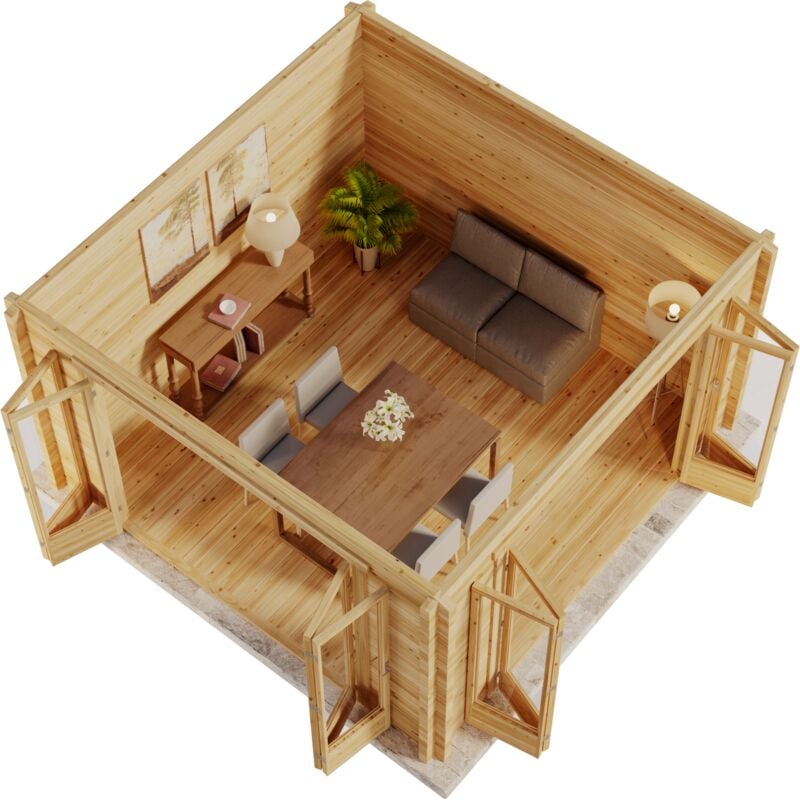 Gartenhaus Sunshine iso mit großer Falttür Gartenhaus aus Holz in Braun, Holzhaus mit 40 mm Wandstärke, Blockbohlenhaus mit Montagematerial - Alpholz