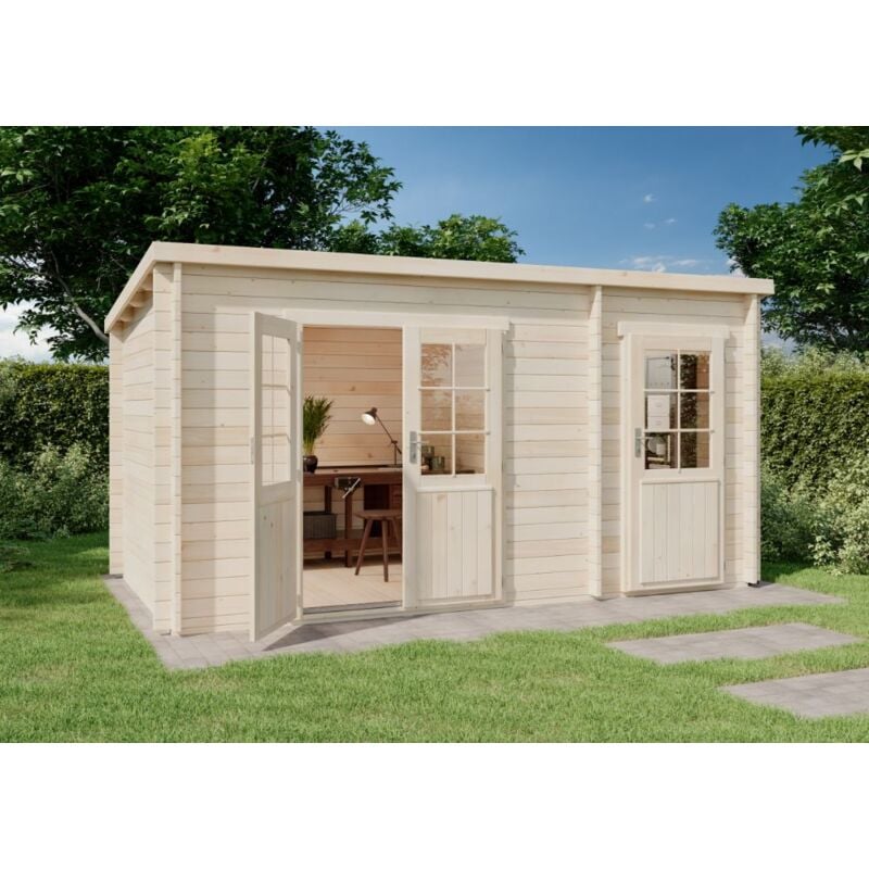Pultdach Gartenhaus Maria mit Anbau aus Holz Gartenhütte fsc zertifiziert Geräteschuppen, 28 mm Wandstärke, naturbelassen - Alpholz