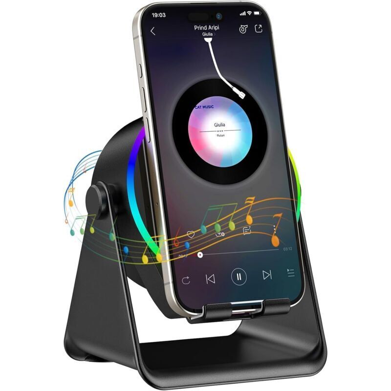 Kabelloser Bluetooth-Lautsprecher mit induktiver Ladefunktion, 4-in-1-Design mit RGB-Beleuchtung, für Smartphones von 4 bis 13 Zoll, Bluetooth 5.1,