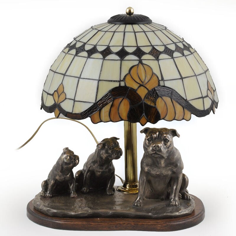 American Staffordshire Terrier, Amstaff, Amstaf - Lampe mit Buntglas-Lampenschirm, Tischlampe mit Hundestatuette, Retro-Innendesign von Art-Dog
