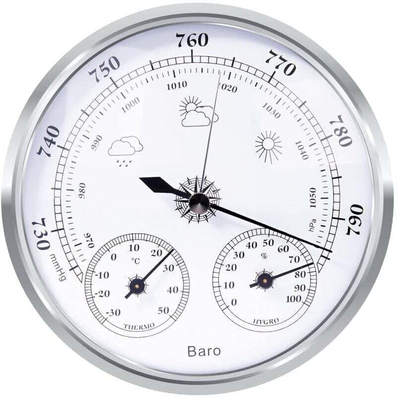 Odipie - analoge Wetterstation – Analoge Wetterstation für drinnen und draußen – bestehend aus Barometer, Thermometer und Hygrometer (Silber, 128 mm)