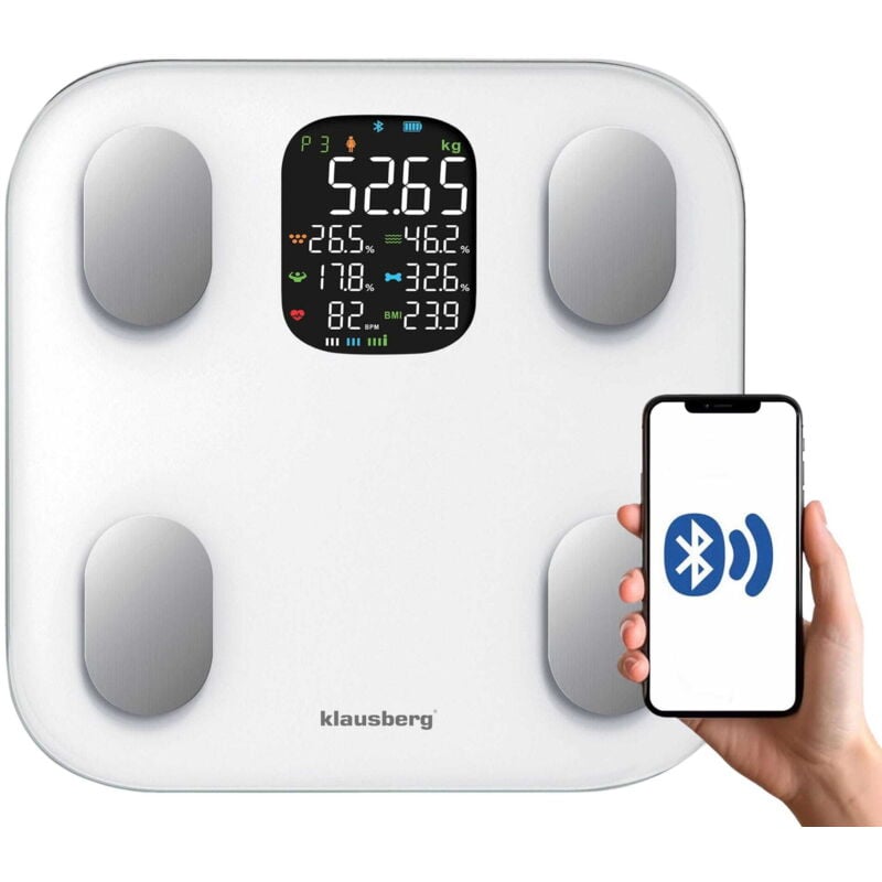Personenwaage mit Körperfett- und Körperzusammensetzungsmessung, Smart, BT, KLAUSBERG KB-7855 weiß