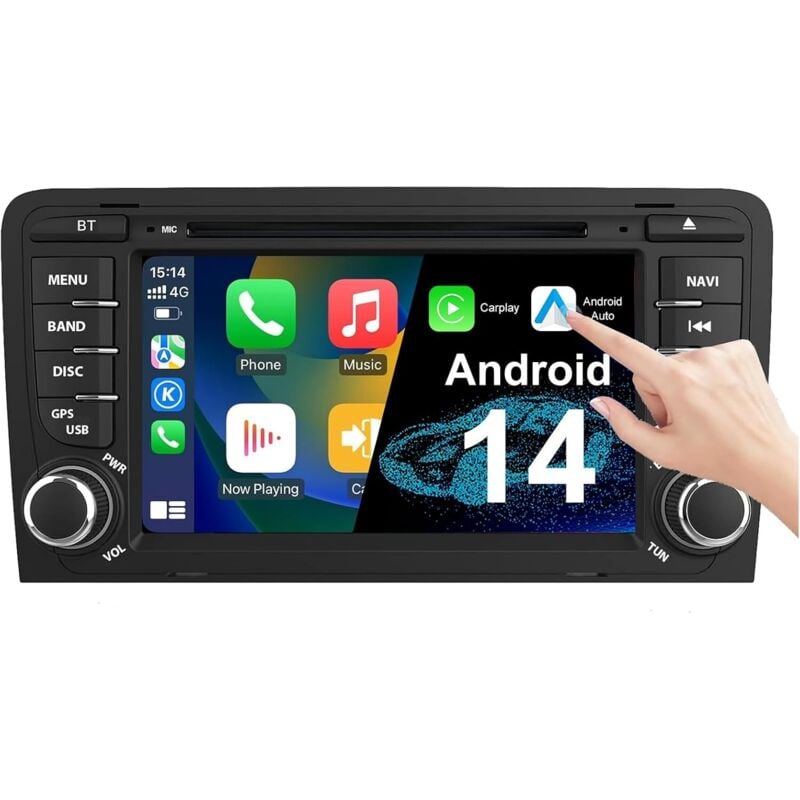 Android 14 Autoradio für Audi A3 S3 RS3 2003–2012, 7-Zoll-Radio mit GPS-Navi DAB+ FM RDS 4G WiFi Bluetooth SWC-Unterstützung Carplay Android Auto