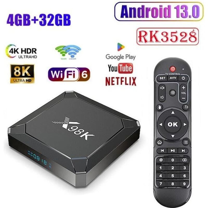 Android TV Box, 4 GB + 32 GB IPTV Box RK3528 Quad-Core, unterstützt 8K HD 3D, WiFi 6 + BT 5.0, Android 13 Smart TV Box, Multimedia-Player
