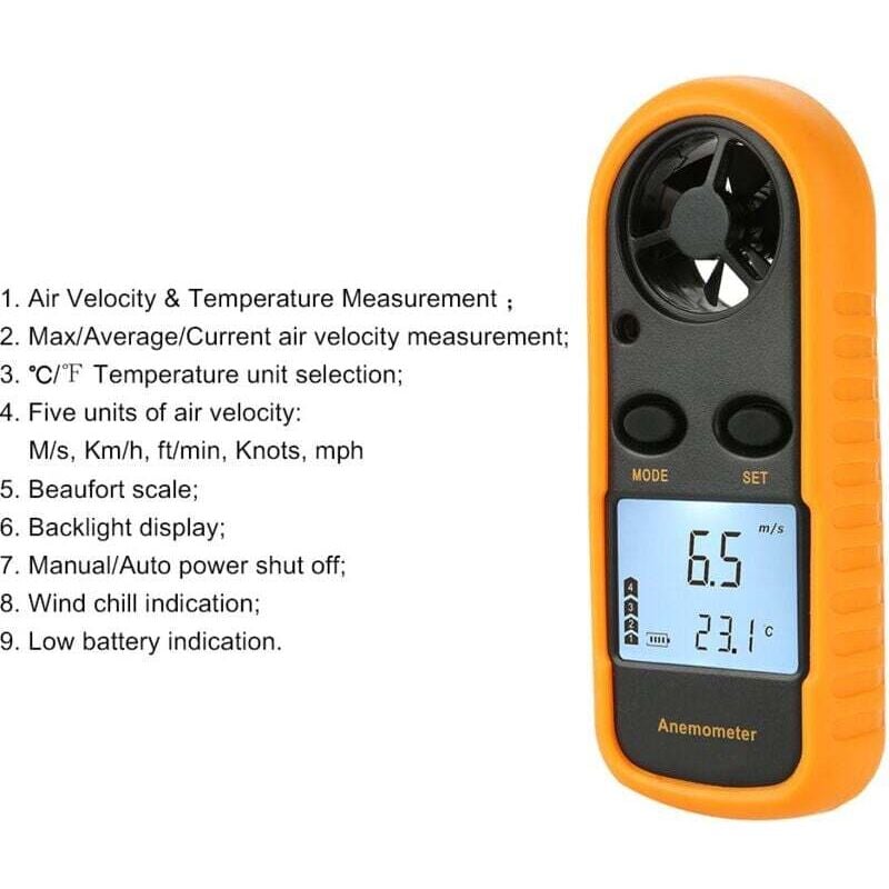 Anémomètre Digital Mesure Vitesse Vent Flux Air Thermomètre LCD Rétroéclairage
