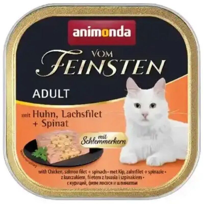 Animonda Cat Vom Feinsten Adult – für Feinschmecker Nassfutter für ausgewachsene Katzen – 100-g-Schale – Huhn, Lachsfilet und Spinat