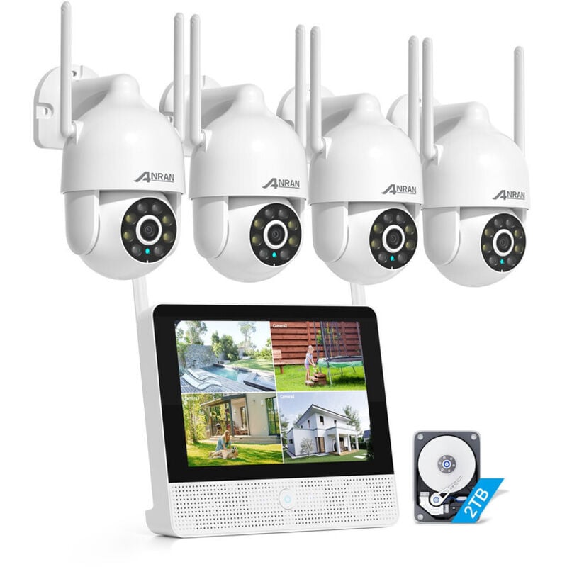 ANRAN KIT Caméra de Surveillance13' NVR 4 Caméras 360° VidéoSurveillance Audio Bidirectionnel Suivi automatique Disque dur 1To