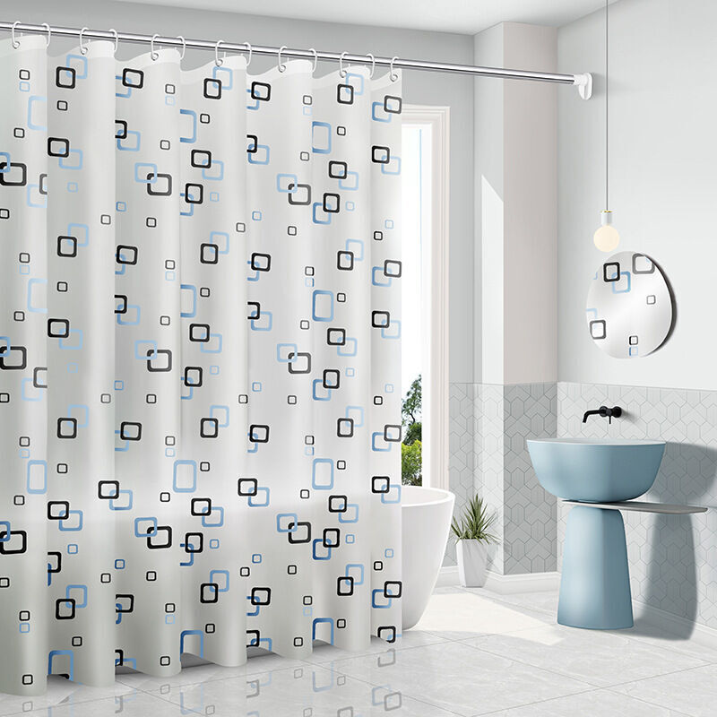 Anti-Schimmel-Duschvorhang 200 x 180 cm mit Ringen, antibakterieller Duschvorhang, waschfrei, für Badezimmer, weiß mit blauen Quadraten