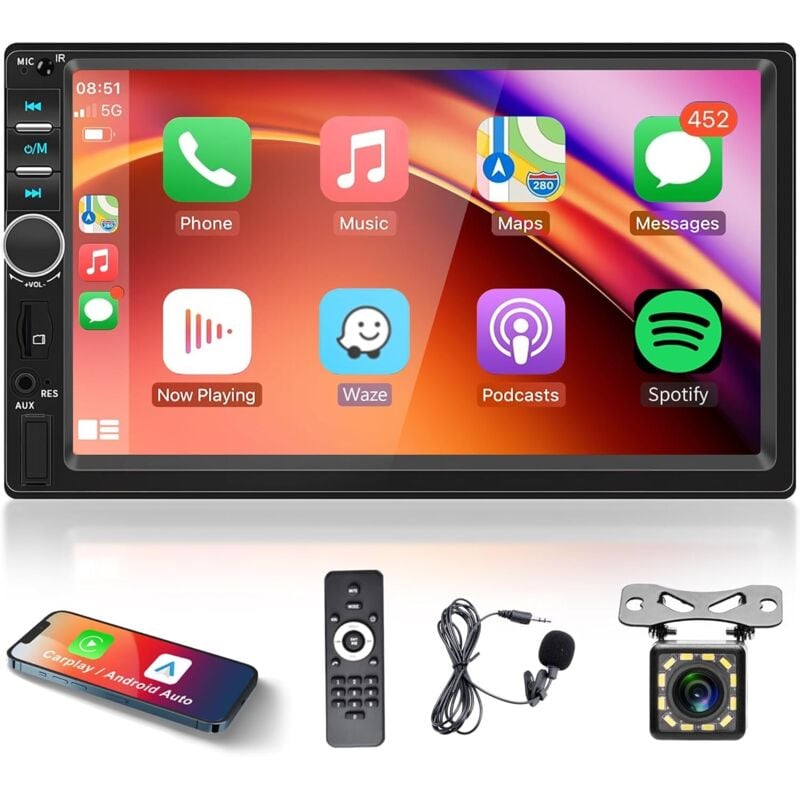 Apple Carplay 2-Din-Autoradio mit Android Auto, Bluetooth-Freisprecheinrichtung, 7-Zoll-Touchscreen, Autoradio mit Mirror Link, FM/USB/AUX/EQ/TF,
