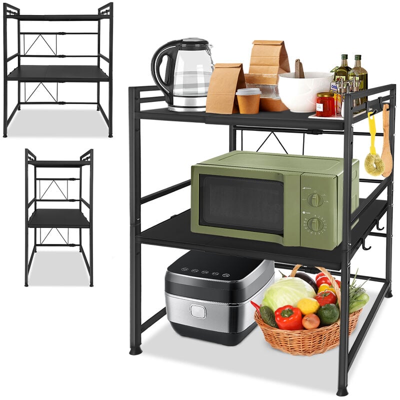 Kücheneinrichtung & Zubehör Mikrowelle Regale Erweiterbares 3-stufiges Küchenregal mit 8 Haken Küchenarbeitsplatten Hengmei
