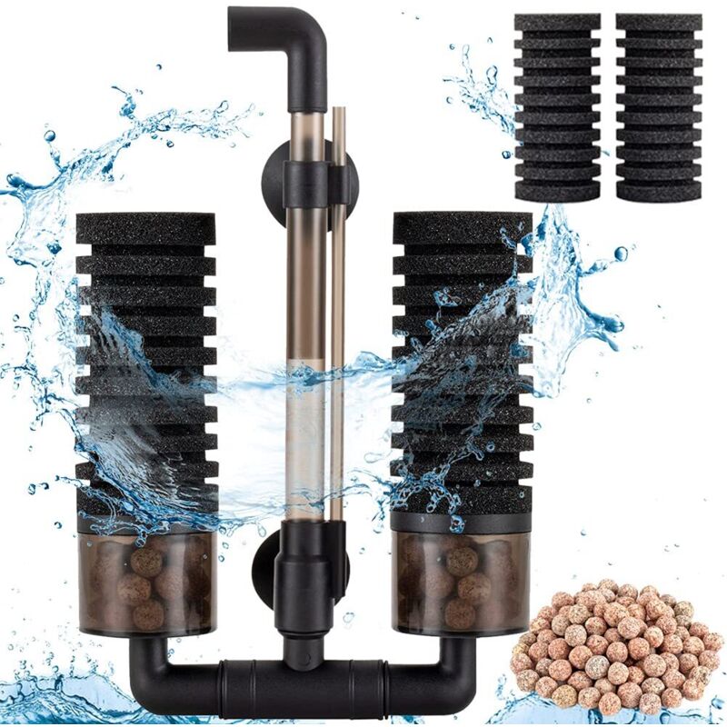 Aquariumfilter 38L-151L, doppelter interner Tauchfilterschwamm mit 2 Ersatzschwämmen + 1 Beutel Keramikkugeln (S)