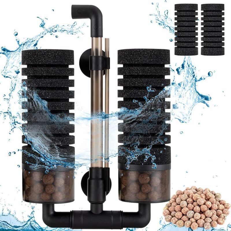 Aquariumfilter 57L-208L, doppelter interner Tauchfilterschwamm mit 2 Ersatzschwämmen + 1 Beutel Keramikkugeln (M)