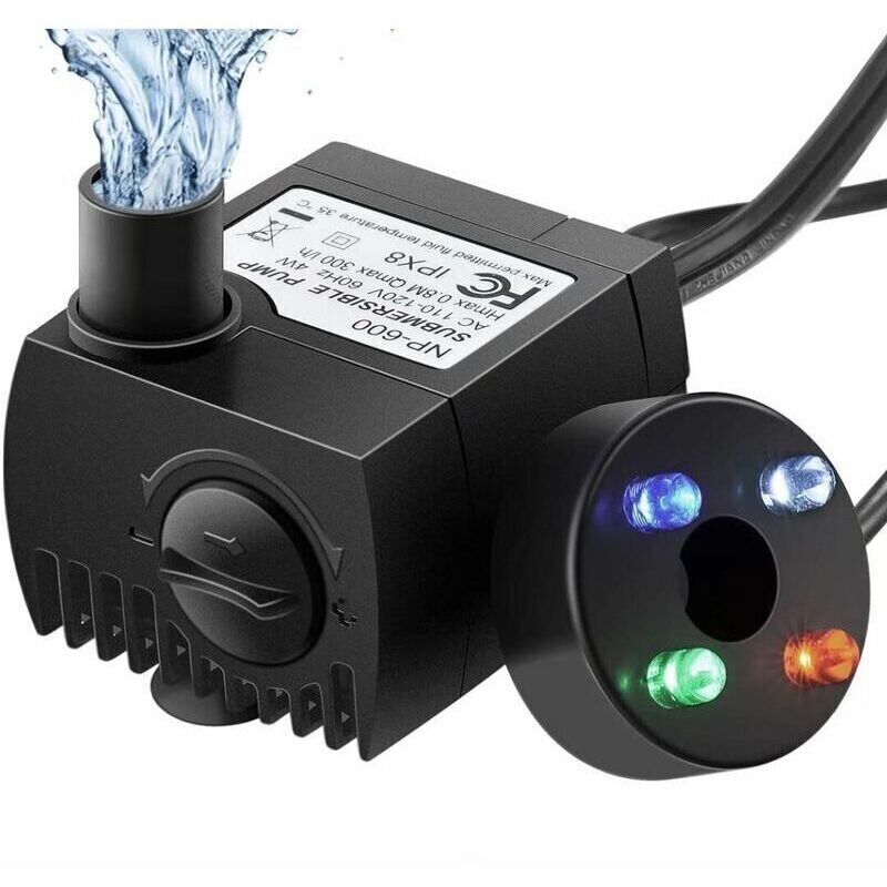 Aquariumpumpe mit 4 farbigen LED-Leuchten, 300 l/h Förderleistung, trockenlaufsicher (48 Stunden), Teichpumpe für Aquarien, Teiche, Springbrunnen und