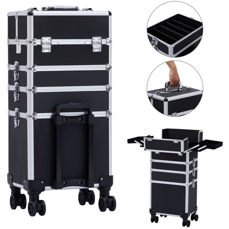 AREBOS 4-in-1 Kosmetikkoffer 4 Fächer & 1 Schublade Teleskop- und Tragegriff 8 Schlösser 4X 360°-Rollen Samtfutter Trolley Make-Up Koffer Schwarz