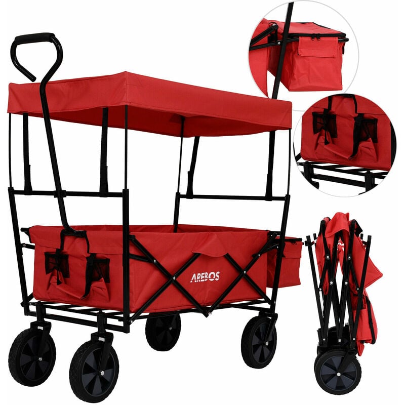 Arebos - Bollerwagen faltbar mit Dach Handwagen Transportwagen Faltwagen Gerätewagen inklusive 2 Netztaschen und Einer Aussentasche faltbar bis