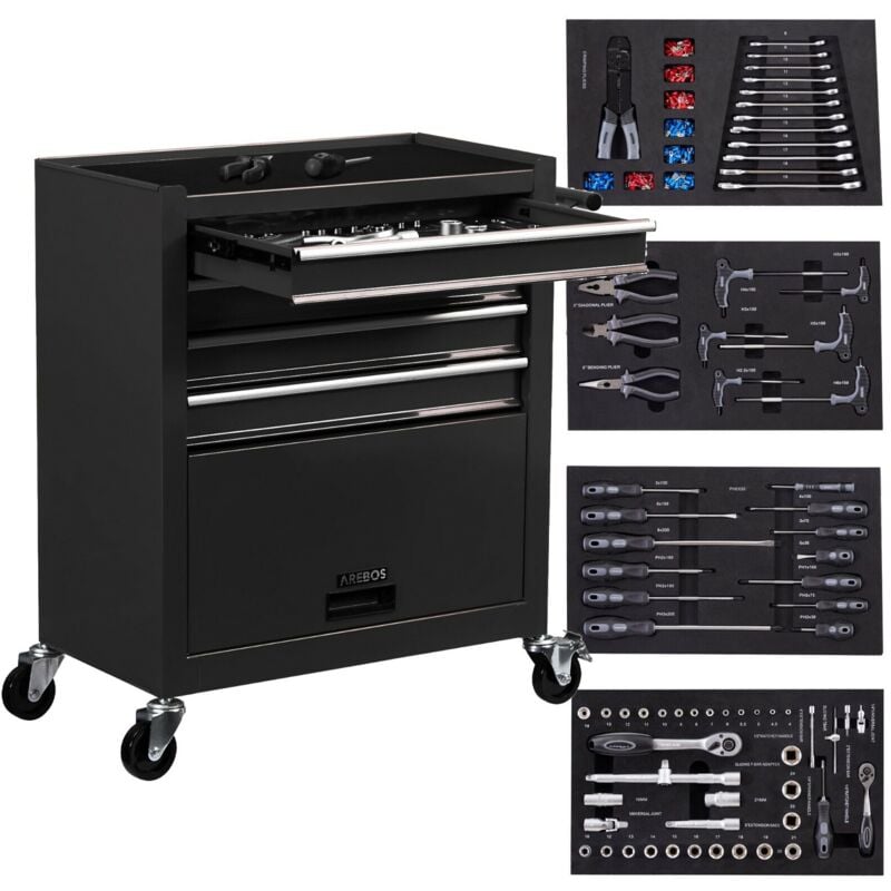 Arebos - Werkstattwagen Schwarz 4 Schubladen 81 teiliges Werkzeug großes Fach Antirutschmatten kugelgelagerte Schubladen Transportsicherung 2 Rollen