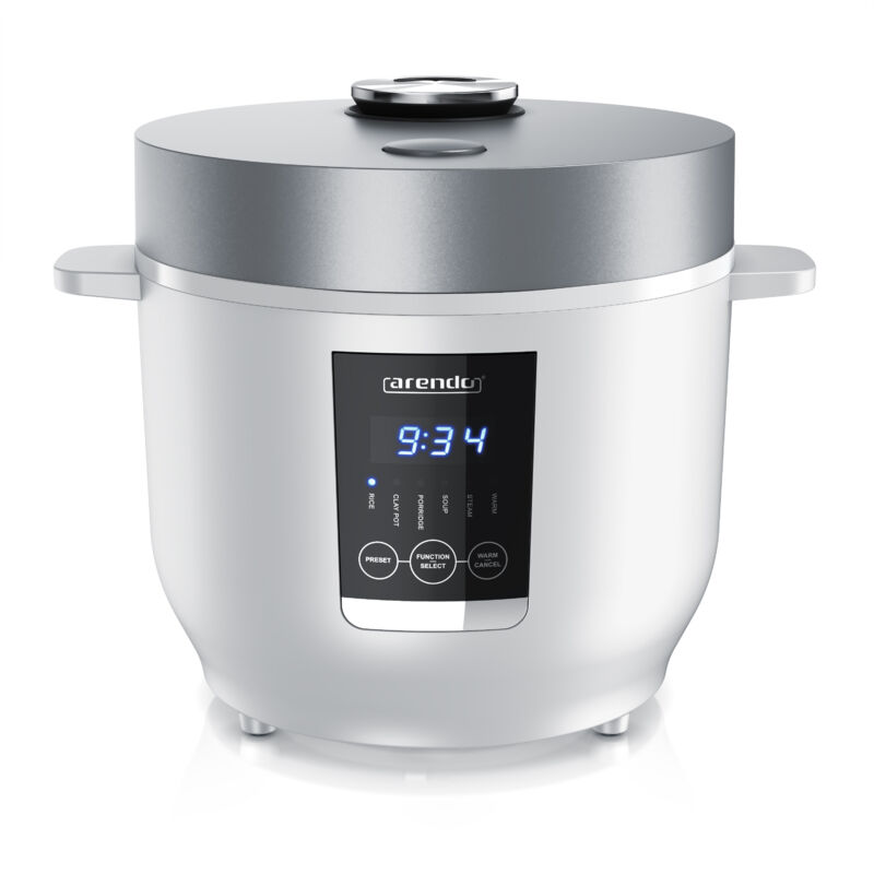 Digitaler Reiskocher mit 5 Programmen, 350W, 2 Liter, Timer- und Warmhaltefunktion, BPA-frei, inkl. Messbecher & Reislöffel, Weiß/Silber - Arendo