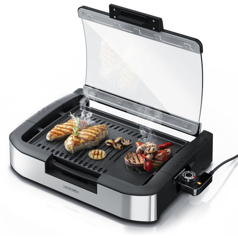 Gourmet Tischgrill mit Glasabdeckung - Elektrogrill - Barbecue - für Steaks, Würstchen, Fisch, Meeresfrüchte, Gemüse, Pilze u.v.m. - Arendo